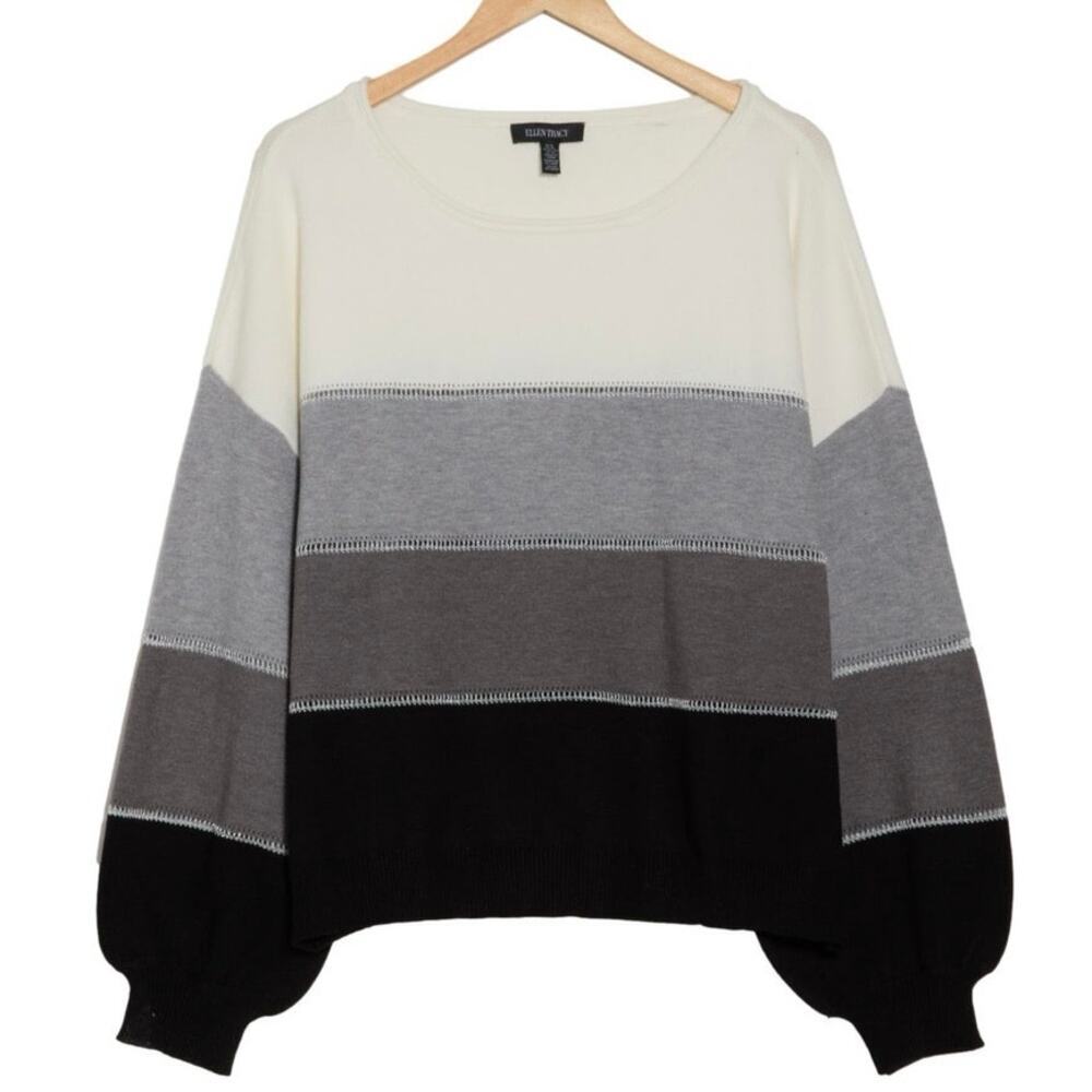Ellen Tracy Colorblock Boat Neck Sweater Gray Black Viscose Blend XS